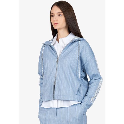 Sommerjacke SPORTALM KITZBÜHEL, Damen, Gr. 38, blau marguerite, Web, Obermaterial: 69% Polyester, 26% Baumwolle, 5% Elasthan, feminin, figurumspielend taillenbedeckt, Langarm Bündchen, Jacken, mit aufgenähtem Spitzenband