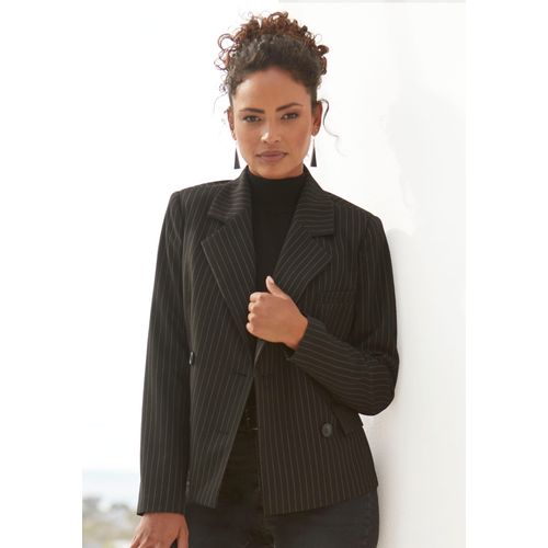 Kurzblazer LASCANA, Damen, Gr. 42, schwarz (schwarz, braun gestreit), Web, Obermaterial: 70% Polyester, 28% Viskose, 2% Elasthan. Futter: 100% Polyester, gestreift, modisch, figurbetont hüftlang, Langarm, Blazer, mit doppelreihigem Knopfverschluss, Damenblazer, sportlich-elegant