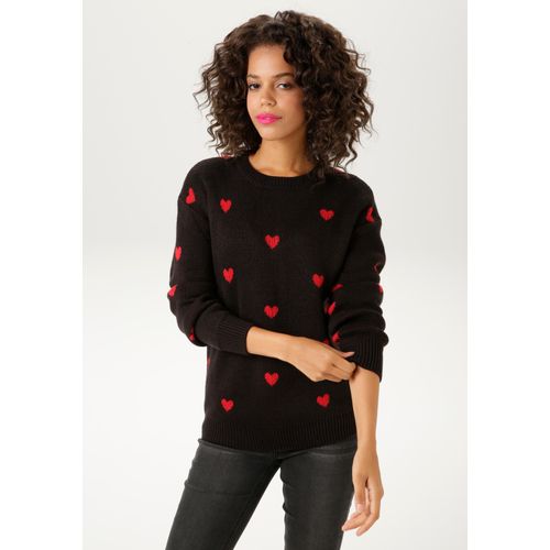 Strickpullover ANISTON CASUAL, Damen, Gr. 34, schwarz (schwarz, rot), Strick, Obermaterial: 100% Polyacryl, Jacquardmuster, gemustert, modisch, figurumspielend hüftlang, Rundhals, Langarm Rippstrickbündchen, Pullover, mit eingestrickten Herzchen