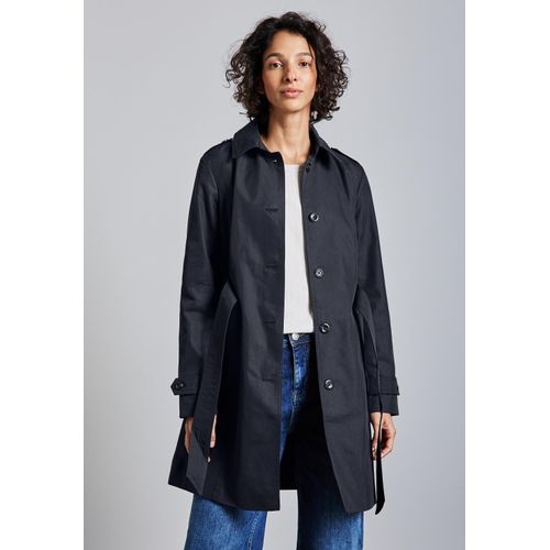 Trenchcoat STREET ONE, Damen, Gr. 40, blau (gravity blau), Web, 69% Baumwolle, 31% Polyester, unifarben, casual, normal ca. Mitte Oberschenkel, V-Ausschnitt, Langarm abgesteppt, Mäntel, mit Bindegürtel