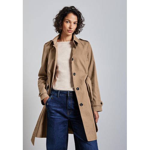 Trenchcoat STREET ONE, Damen, Gr. 40, braun (schwarz nutty mocca), Web, 69% Baumwolle, 31% Polyester, unifarben, casual, normal ca. Mitte Oberschenkel, V-Ausschnitt, Langarm abgesteppt, Mäntel, mit Bindegürtel