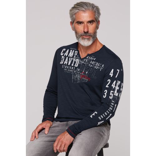 Langarmshirt CAMP DAVID, Herren, Gr. 4XL, blau (deep water), Material: 100% Baumwolle, bedruckt, bestickt, casual, lässig geschnitten normal, Langarm eingesetzt gerader Abschluss, Shirts, aus Baumwolle