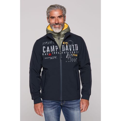 Softshelljacke CAMP DAVID, Herren, Gr. XL, blau (deep water), Material Oberstoff: 94% Polyester, 6% Elasthan, Material Kapuze: 100% Polyester, Futter: 100% Polyester, Wattierung: 100% Polyester, bedruckt, bestickt, casual, lässig geschnitten normal, Langarm eingesetzt Rippbündchen, Jacken, mit verstellbarem Gummizug im Saum