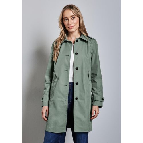 Trenchcoat STREET ONE, Damen, Gr. 36, grün (dune grün), Web, 69% Baumwolle, 31% Polyester, unifarben, casual, normal ca. Mitte Oberschenkel, V-Ausschnitt, Langarm abgesteppt, Mäntel, mit Bindegürtel