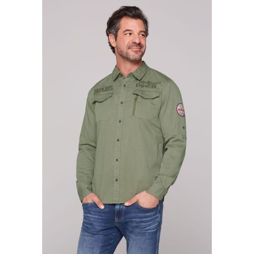 Langarmhemd CAMP DAVID, Herren, Gr. S, Normalgrößen, grün (sage grün), Material: 100% Baumwolle, Strukturmuster, bestickt, casual, regular fit normal, Langarm 1-Knopf-Manschette, Hemden, mit Turn-Up-Ärmel