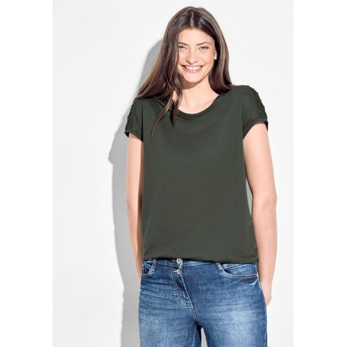 T-Shirt CECIL, Damen, Gr. XS (36), grün (cool khaki), Jersey, Obermaterial: 50% Baumwolle, 50% Modal, unifarben, casual, normal hüftlang, V-Ausschnitt, Kurzarm angeschnitten Bündchen, Shirts, mit Biesen-Dekoration