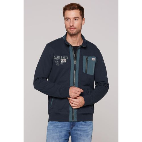 Sweatjacke CAMP DAVID, Herren, Gr. XXL, blau (deep water), Material: 100% Baumwolle, bedruckt, bestickt, casual, lässig geschnitten normal, Langarm eingesetzt Rippbündchen, Sweatjacken, mit Stehkragen