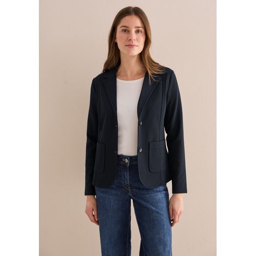 Kurzblazer CECIL, Damen, Gr. XS (36), blau (universal blau), Stoff, 72% Polyester, 26% Viskose, 2% Elasthan, unifarben, casual, normal normal, V-Ausschnitt, Langarm Bündchen, Blazer, aus elastischem Materialmix