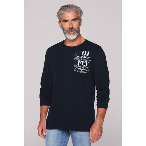 Langarmshirt CAMP DAVID, Herren, Gr. S, blau, Material: 100% Baumwolle, bedruckt, casual, lässig geschnitten normal, Langarm eingesetzt gerader Abschluss, Shirts, aus Baumwolle