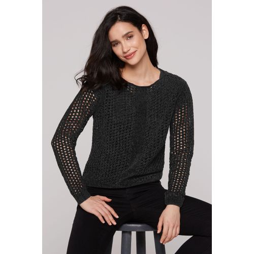 Rundhalspullover SOCCX, Damen, Gr. XS, schwarz, Material: 100% Polyester, Strukturmuster, casual, gerade normal, U-Boot-Ausschnitt, Langarm eingesetzt Rippbündchen, Pullover, mit U-Boot-Ausschnitt