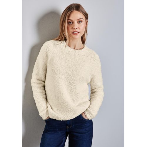 Rundhalspullover STREET ONE, Damen, Gr. 42, beige (soft beige), Feinstrick, 69% Nylon, 30% Baumwolle, 1% Elasthan, unifarben, casual, oversize normal, Rundhals, Langarm Bündchen, Pullover, im angenehmen Materialmix
