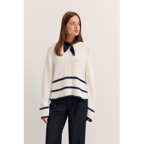 Rundhalspullover BUGATTI, Damen, Gr. L, 20, ecru, 62% Baumwolle, 38% Polyamid, gestreift, casual, normal, Rundhals, Langarm Rippbündchen, Pullover, mit Streifendesign