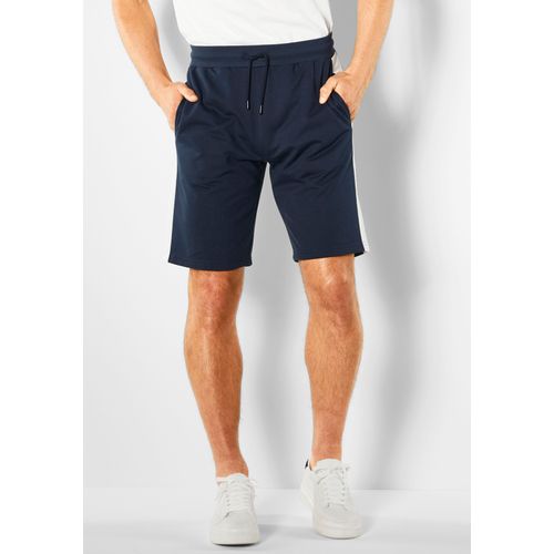 Sweatshorts H.I.S, Herren, Gr. M (48/50), N-Gr, blau (navy), angeraute Sweatware, Obermaterial: 60% Baumwolle, 40% Polyester, unifarben, Basic, Hosen, seitlicher Streifen mit Logodruck