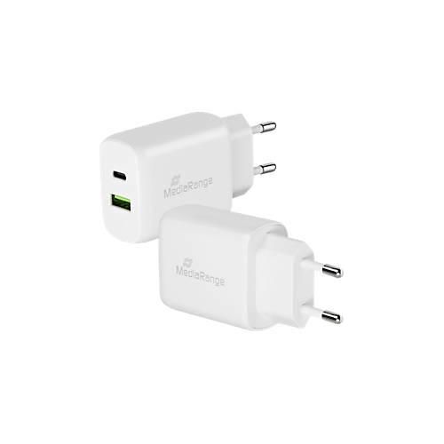 MediaRange Schnellladeadapter 25 W, Eurostecker, USB-A/USB-C, weiß