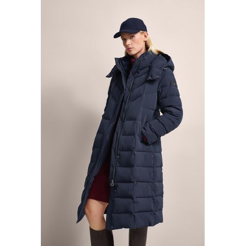 Kurzmantel BUGATTI, Damen, Gr. 42, blau (marine), 86% Polyamid, 14% Elasthan, unifarben, casual, regular fit, Langarm normaler Saum, Mäntel, mit elegantem Stehkragen