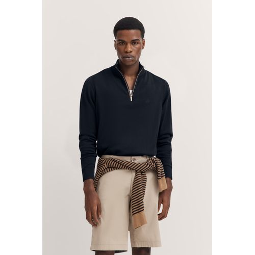 Troyer BUGATTI, Herren, Gr. L, 390, marine, Sweatware, 100% Baumwolle, unifarben, casual, regular fit, ohne Ausschnitt, Langarm Rippbündchen, Pullover, mit Stehkragen