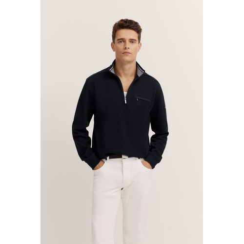 Troyer BUGATTI, Herren, Gr. L, 390, marine, Sweatware, 90% Baumwolle, 10% Polyester, unifarben, casual, regular fit, ohne Ausschnitt, Langarm Rippbündchen, Pullover, mit Stehkragen