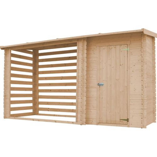 TIMBELA M205 - Gartenhaus Holz mit Brennholzregal B344xL146xH199 cm/ 3.64 m2