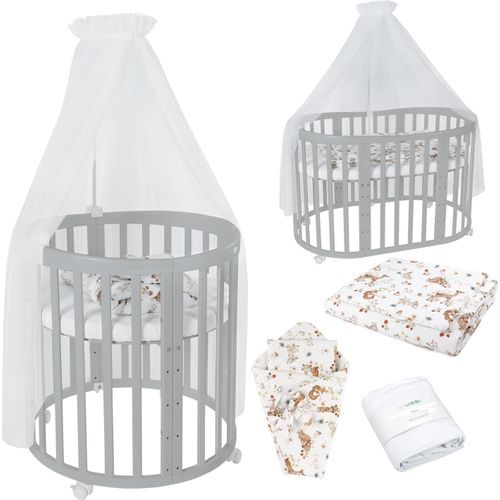 Mobiles Babybett OWAL aus Holz 7in1 mit Matratze, mitwachsend,Stoffe Weiß Tiere,Holz grau