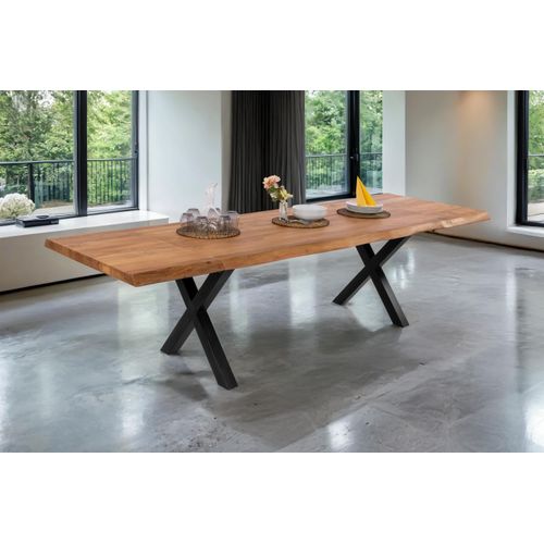 Esstisch mit Ansteckplatten 200(300)x100 cm Baumkante Akazie natur X-Gestell schwarz CALI