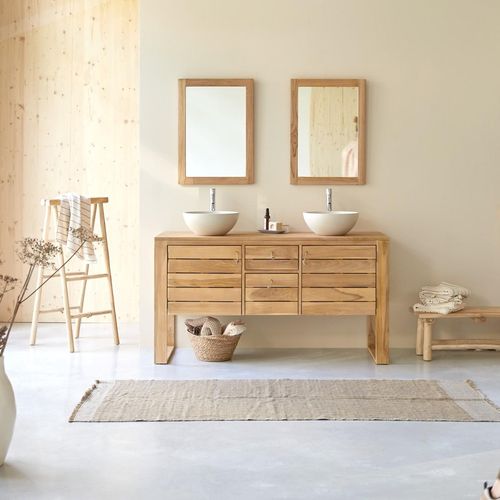 Waschbeckenunterschrank Waschtisch aus Teak Naturton Lattenoptik 145 cm