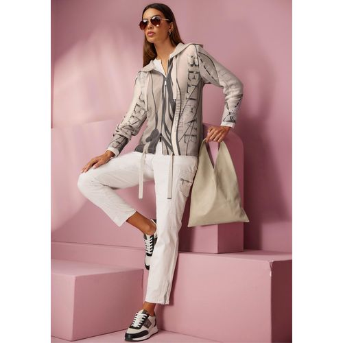 Strickjacke HEINE, Damen, Gr. 38, grau (sand, anthrazit, bedruckt), 65% Polyester, 35% Viskose, bedruckt, gemustert, mehrfarbig, Strickjacken