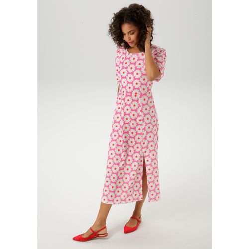 Sommerkleid ANISTON CASUAL, Damen, Gr. 42, N-Gr, bunt (pink, wollweiß, rot), Single Jersey, Obermaterial: 98% Polyester, 2% Elasthan, bedruckt, geblümt, Strukturmuster, feminin, figurumspielend wadenlang, Rundhals, Halbarm, Kleider, allover mit Blüten bedruckt - NEUE KOLLEKTION
