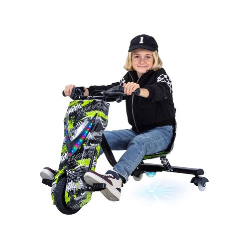 Elektro-Drift-Trike für Kinder, Drift-Scooter, bis zu 15km/h, drosselbar, Hupe, LED-Driftrollen 360° (Grün Polo)