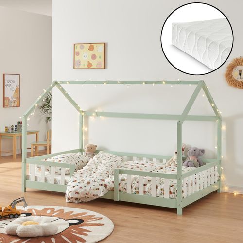 Kinderbett ’Sisimiut’ in Haus-Optik mit Matratze und Rausfallschutz Kiefernholz 120 x 200 cm Mintgrün / Weiß