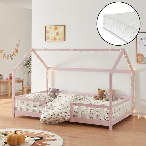 Kinderbett ’Sisimiut’ in Haus-Optik mit Matratze und Rausfallschutz Kiefernholz 120 x 200 cm Rosa / Weiß