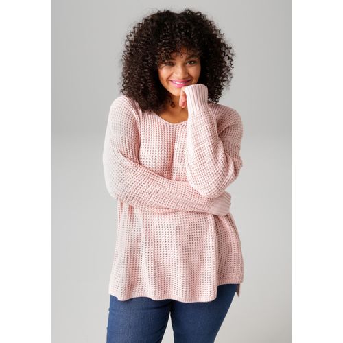 Strickpullover ANISTON PLUS, Damen, Gr. 46, rosa (puderrosa), Strick, Obermaterial: 100% Polyacryl, unifarben, casual, lässig geschnitten Po-bedeckend, V-Ausschnitt, Langarm Rippstrickbündchen, Pullover, im dezenten Ajour-Strickmuster - NEUE KOLLEKTION