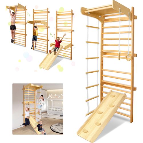 LZQ 6-in-1 Sprossenwand Kletterwand Turnwand Klettergerüst Turngeräte Holz Kinder indoor mit Klimmzugstange/Ringe/Krabbelleiter und Strickleiter