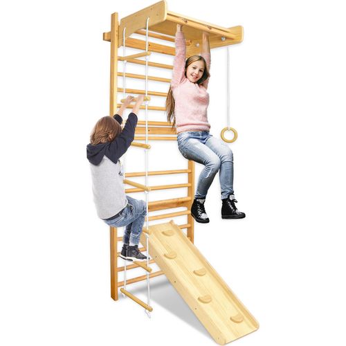 TRMLBE Sprossenwand für Erwachsene Klettergerüst Indoor Kinder Turnwand Kletterwand Holz Turngeräte Sportgeräte Heimsportgerät mit Turnringe, Holzplanke, Kletterseil und anderes Zubehör