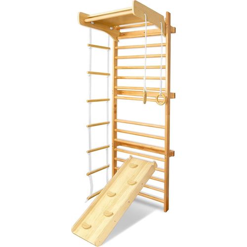 Sprossenwand für Erwachsene Klettergerüst Indoor Kinder Turnwand Kletterwand Holz Turngeräte Sportgeräte Heimsportgerät mit Turnringe, Holzplanke, Kletterseil und anderes Zubehör CEEDIR