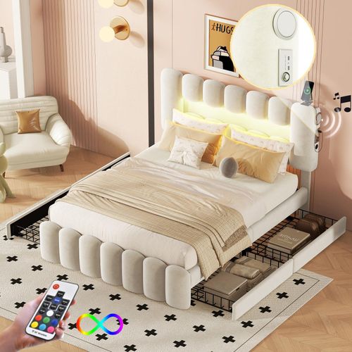 Fortuna Lai Polsterbett 140x200cm mit höhenverstellbarem LED Kopfteil und 4 Schubladen, Doppelbett mit USB und Stereoanlage, Funktionsbett Jugendbett mit Lattenrost Jugendbett Samtbezug, Beige