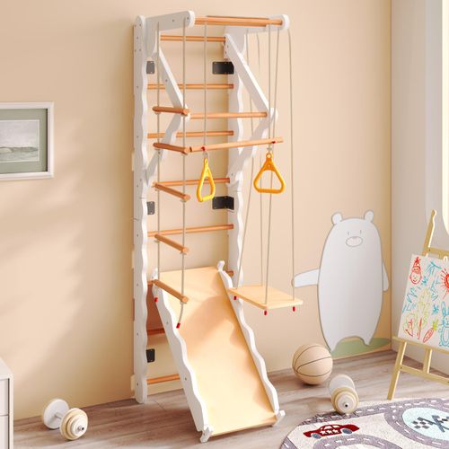 Fortuna Lai 6 in 1 Multifunktions Sprossenwand Set für Kinder mit Rutsche, Schaukel, Krabbelleiter, Klettergerüst, Klimmzugsbereich, Ringe, Jungle Gym-Set (B)