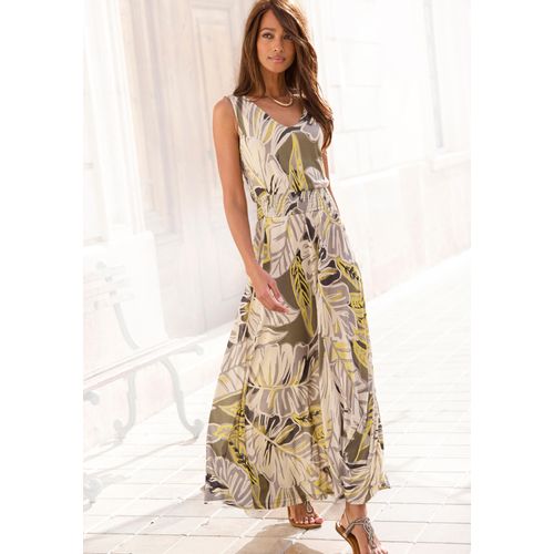 Maxikleid LASCANA, Damen, Gr. 36, N-Gr, bunt (grau, grün bedruckt), Jersey, Obermaterial: 100% Viskose, bedruckt, modisch, figurumspielend knöchellang, V-Ausschnitt, ohne Ärmel, Kleider, mit Alloverdruck
