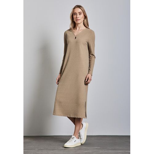 Strickkleid STREET ONE, Damen, Gr. 34, EURO-Größen, beige (honey sand meliert), Web, Stoff, 48% Baumwolle, 47% Polyester, 5% Elasthan, unifarben, casual, comfort fit normal, V-Ausschnitt, Langarm Bündchen, Kleider, in Unifarbe