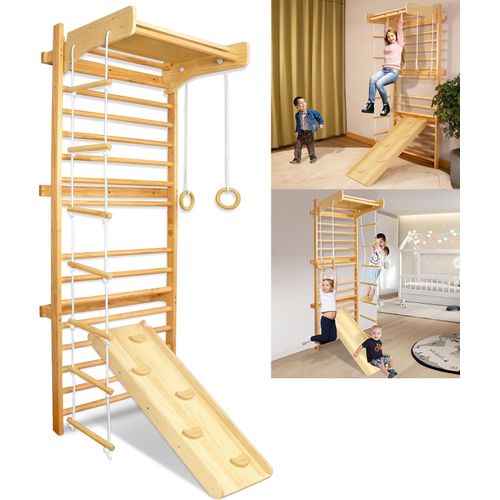 LARS360 6-in-1 Sprossenwand Kletterwand Turnwand Klettergerüst mit Rutsche, Klimmzugstange und Turnringe Turngeräte Holz Klettergerüste