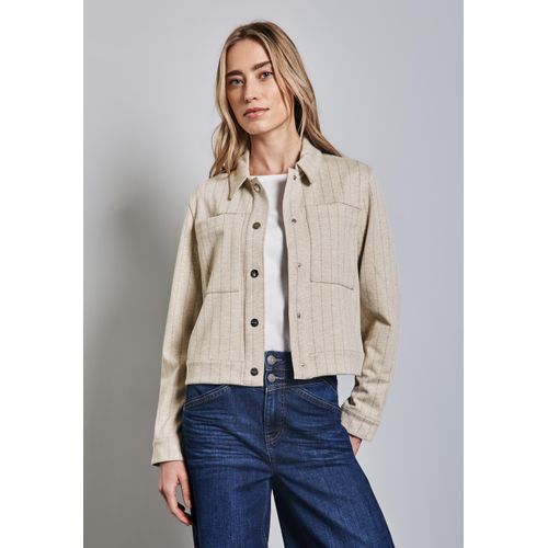 Kurzblazer STREET ONE, Damen, Gr. 42, beige (sheer beige meliert), Stoff, 70% Polyester, 26% Viskose, 4% Elasthan, gestreift, casual, regular fit normal, V-Ausschnitt, Langarm Bündchen, Blazer, mit Brusttaschen