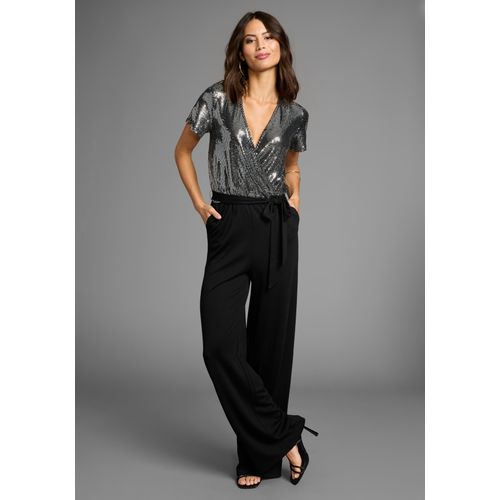 Overall LAURA SCOTT, Damen, Gr. 40, N-Gr, schwarz, Milano Rib, Jersey, Obermaterial: 70% Viskose, 25% Polyester, 5% Elasthan. Oberes Obermaterial: 75% Polyester, 20% metallisierte Faser (LUREX), 5% Elasthan, glänzend, feminin, figurumspielend lang, Kurzarm Flügelärmel, Overalls, mit Glitzereffekten und Gürtel