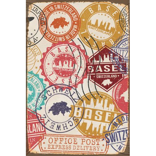 queence Metallbild »BASEL«, Schweiz-Städte, Stahlschild, Blechschild, Schweiz, Basel, Briefmarken