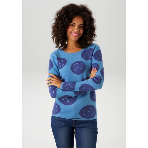 Strickpullover ANISTON CASUAL, Damen, Gr. 42, blau (türkis, blau), Strick, Obermaterial: 50% Viskose, 30% Polyester, 20% Nylon, gemustert, modisch, figurbetont hüftlang, Rundhals, Langarm Strickbündchen, Pullover, mit eingestrickten Smileys - NEUE KOLLEKTION