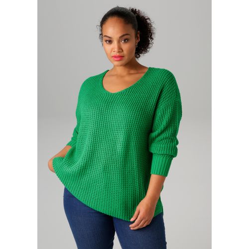 Strickpullover ANISTON PLUS, Damen, Gr. 44, grün, Strick, Obermaterial: 100% Polyacryl, unifarben, casual, lässig geschnitten Po-bedeckend, V-Ausschnitt, Langarm Rippstrickbündchen, Pullover, im dezenten Ajour-Strickmuster - NEUE KOLLEKTION