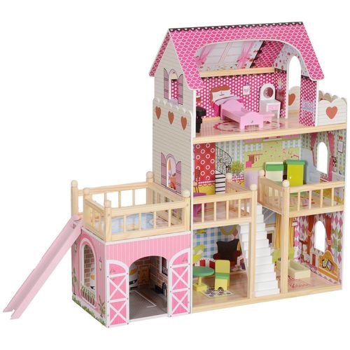 AIYAPLAY Puppenhaus, 3 Etagen, 13 Möbelstücke, Garage, Rutschen & Balkon, Rosa