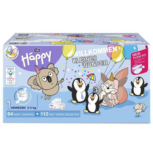 bella baby Happy Windeln Größe 1 Newborn 2-5kg & 112 Feuchttücher Sensitive mit Klickverschluss