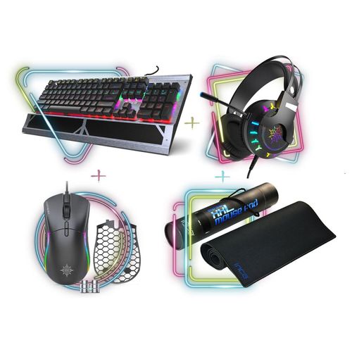 Gaming Komplet-Set Delux 4 in 1 Combo aus RGB Gaming-Tastatur Gaming-Maus, Mauspad und Headset