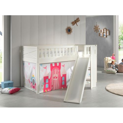 Spielbett SCOTT, 90x200 cm, mit Lattenrost, Rutsche, Leiter, Textilset Vorhang 