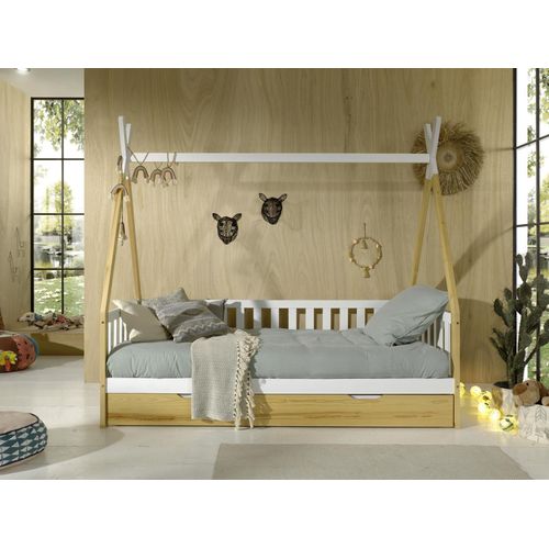 Tipi Kojen Bett mit Umrandung, Dachgestänge, Rolllattenrost, Bettschublade, Kiefer natur und weiß