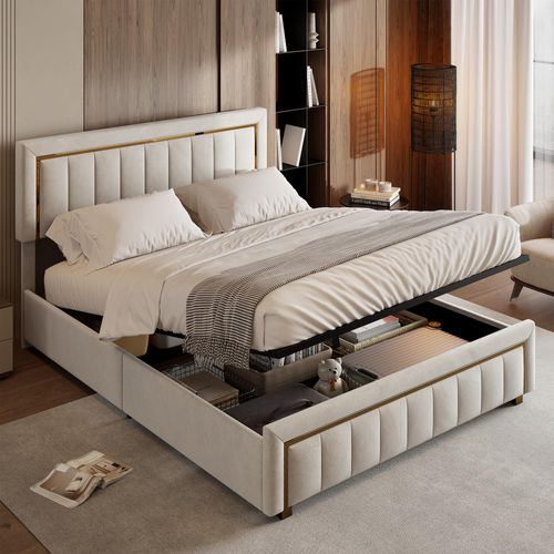 Polsterbett 140x200cm mit Stauraum und Lattenrost, Doppelbett mit Rückenlehne, Vergoldetem Rand Doppelbett Ehebett Funktionsbett aus Samt, Beige